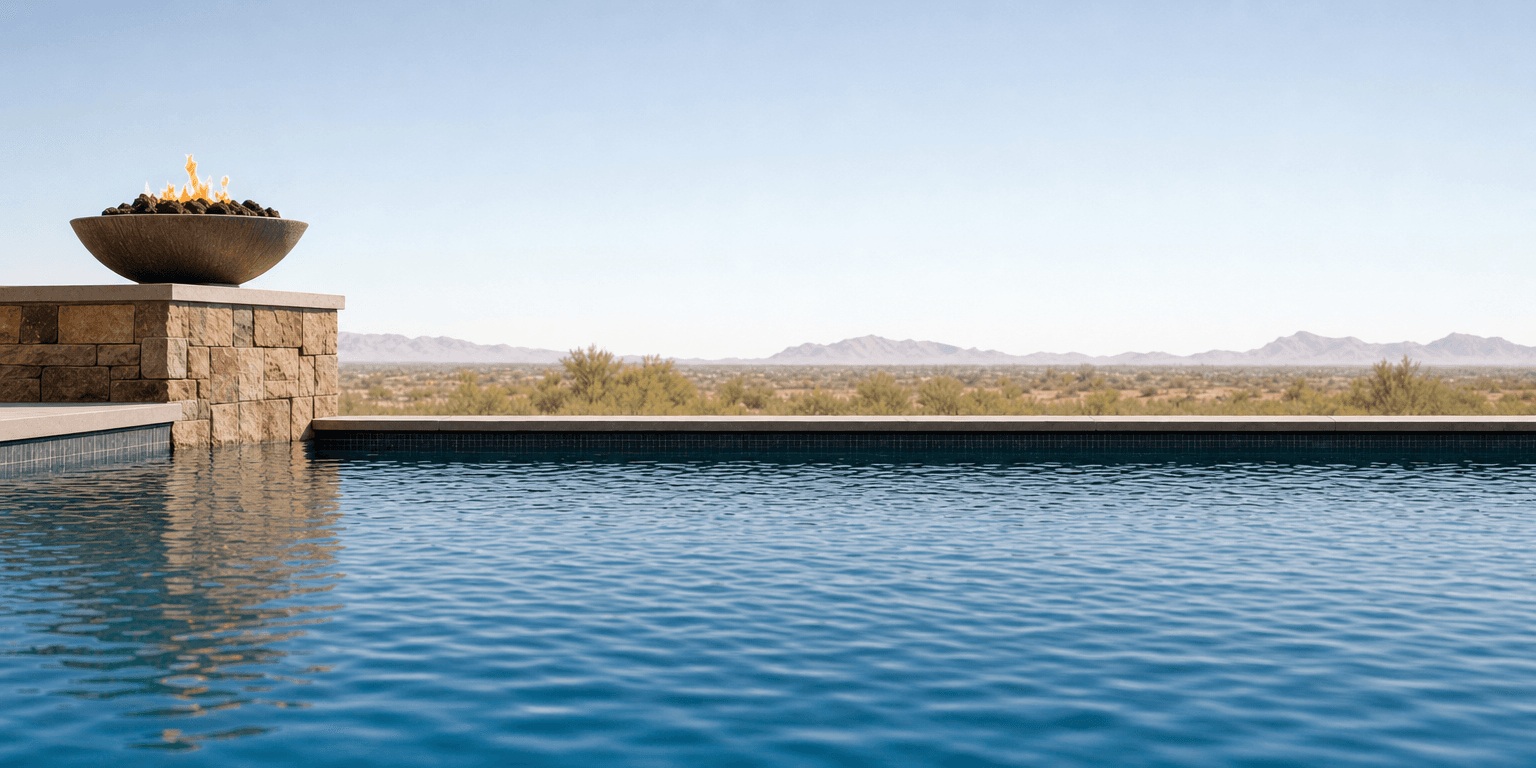 Wide pool waterline with desert mountains beyond