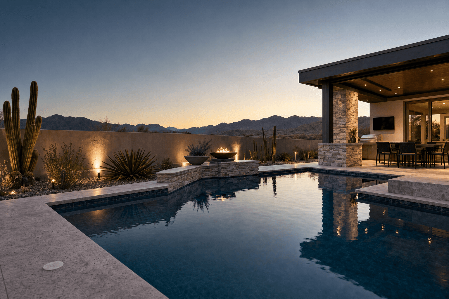 Modern desert pool and outdoor kitchen at dusk