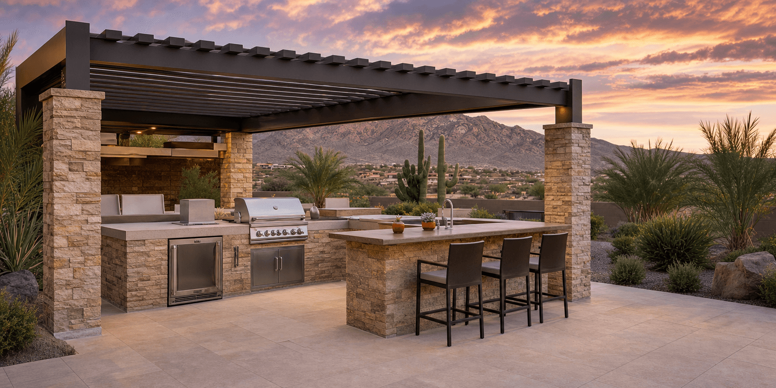 Outdoor kitchen beside a desert pool