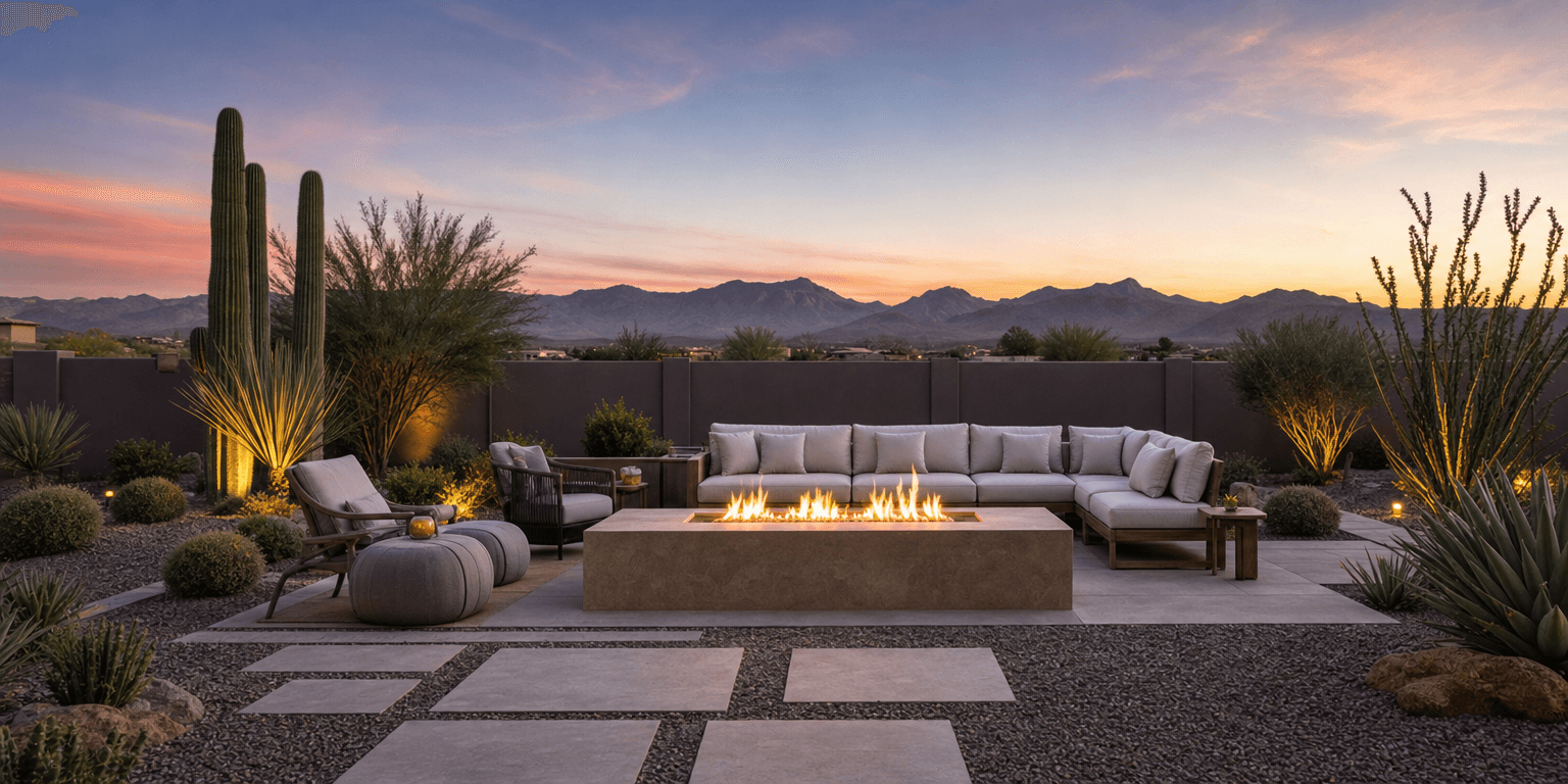 Outdoor lounge with a linear fire feature