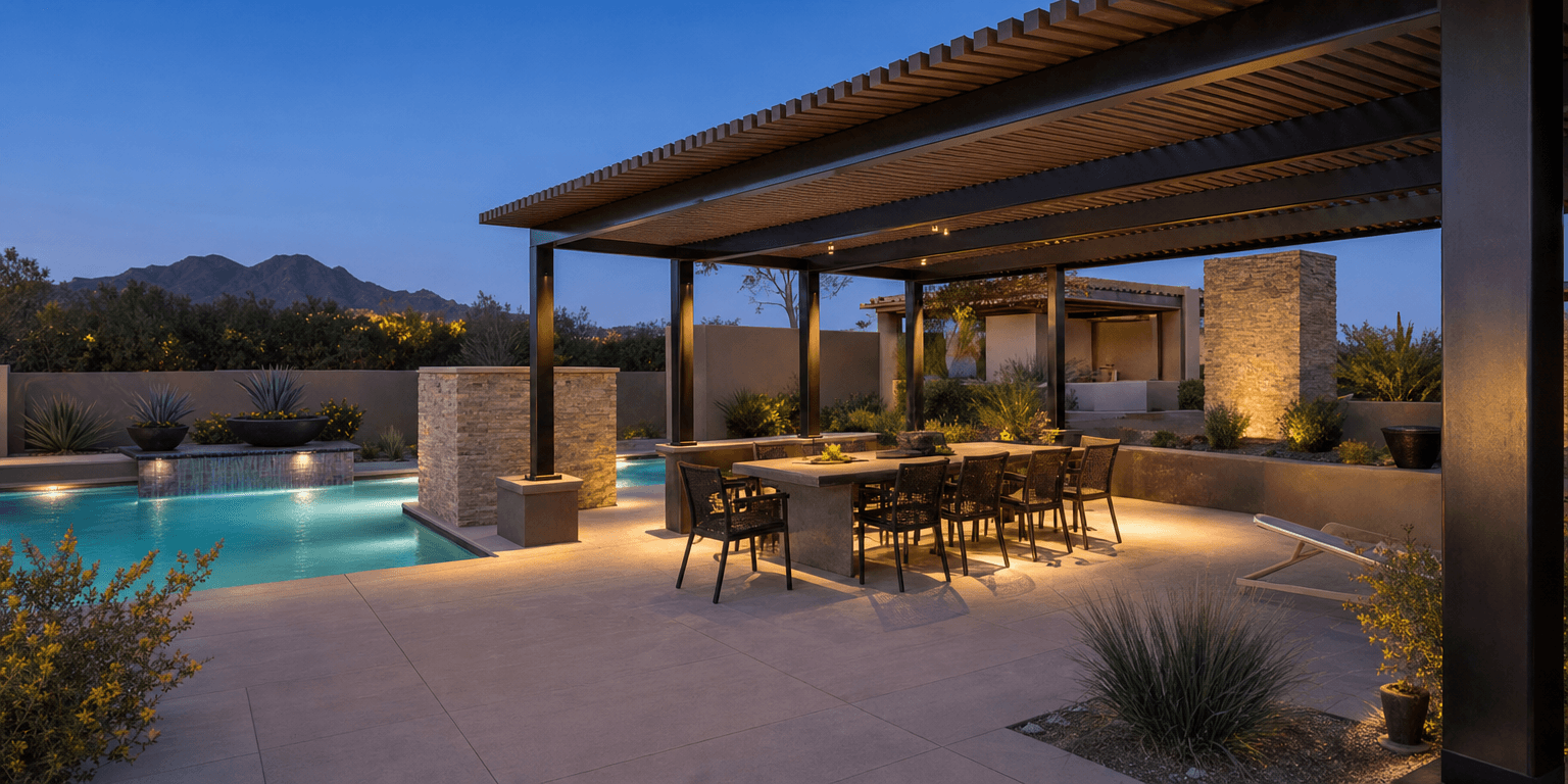Pergola dining area beside a pool