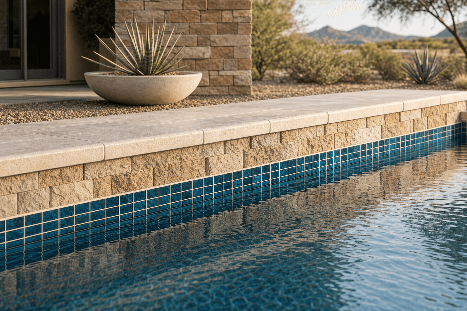Travertine coping and blue tile pool remodel detail