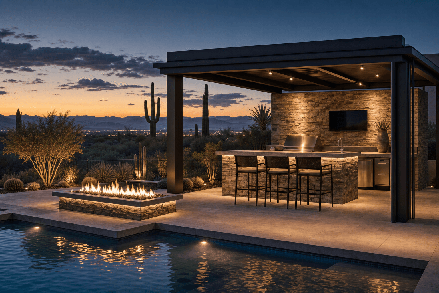 Outdoor kitchen and steel pergola illuminated at sunset