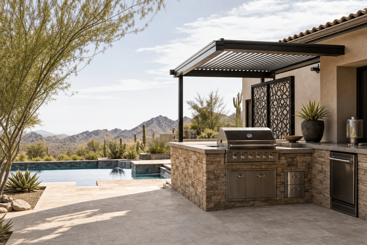 Outdoor kitchen, pool, and mountain view
