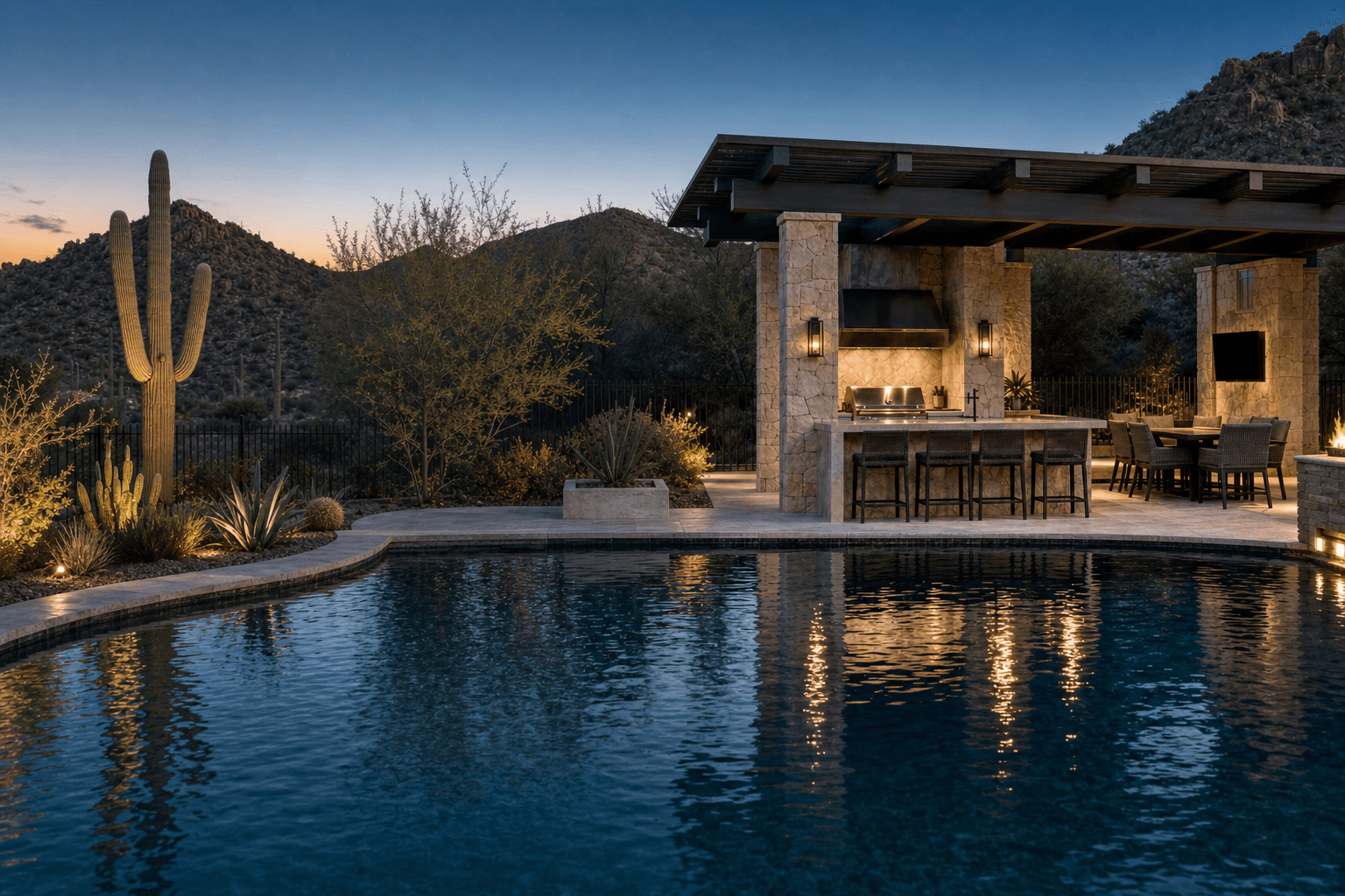 Covered outdoor kitchen and dining area beside a pool and desert mountains