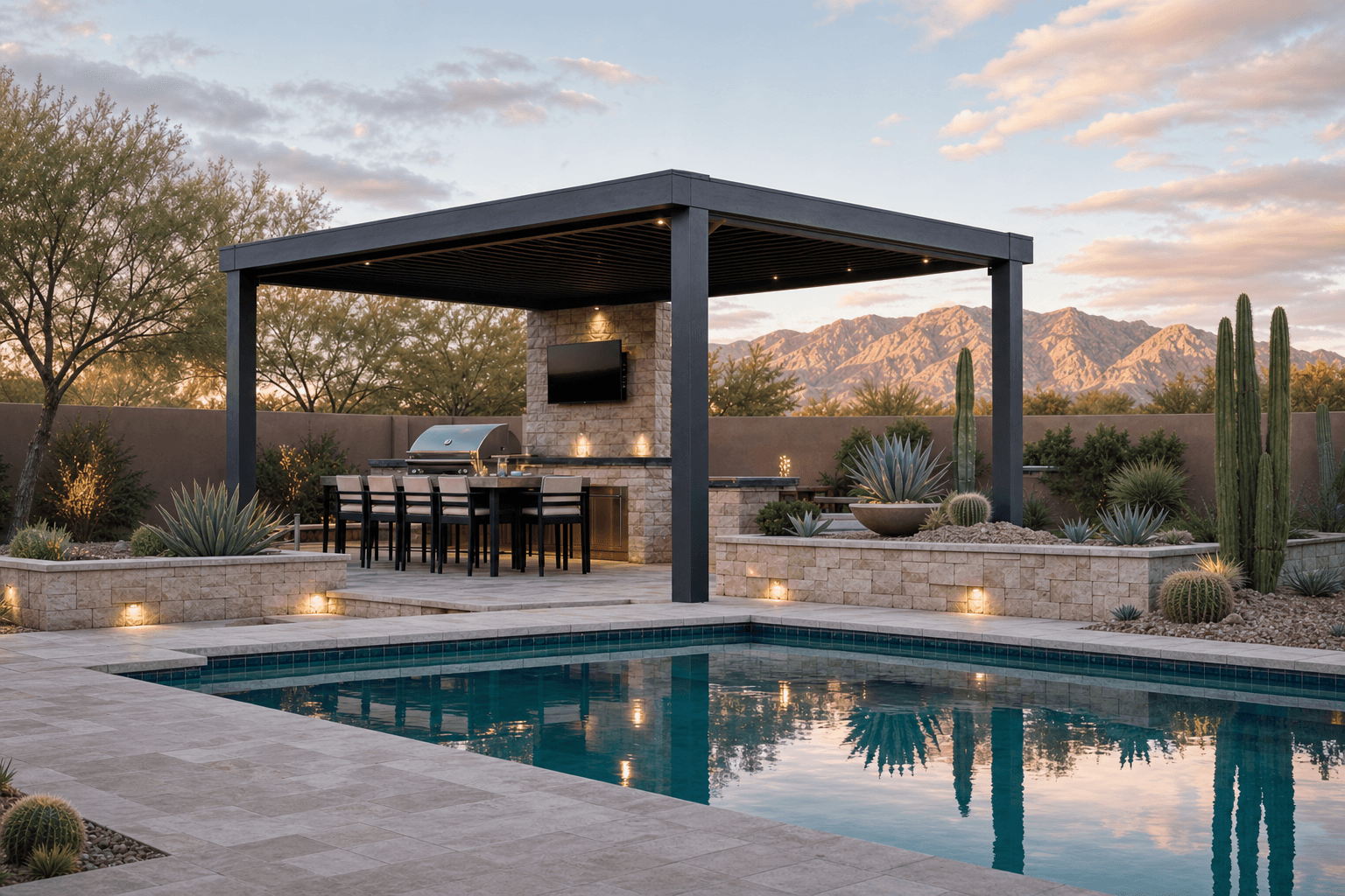 Attached shade pavilion and outdoor kitchen beside a pool
