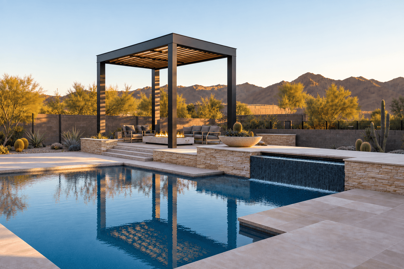 Four-post pergola sheltering a lounge beside a desert pool and stone waterfall