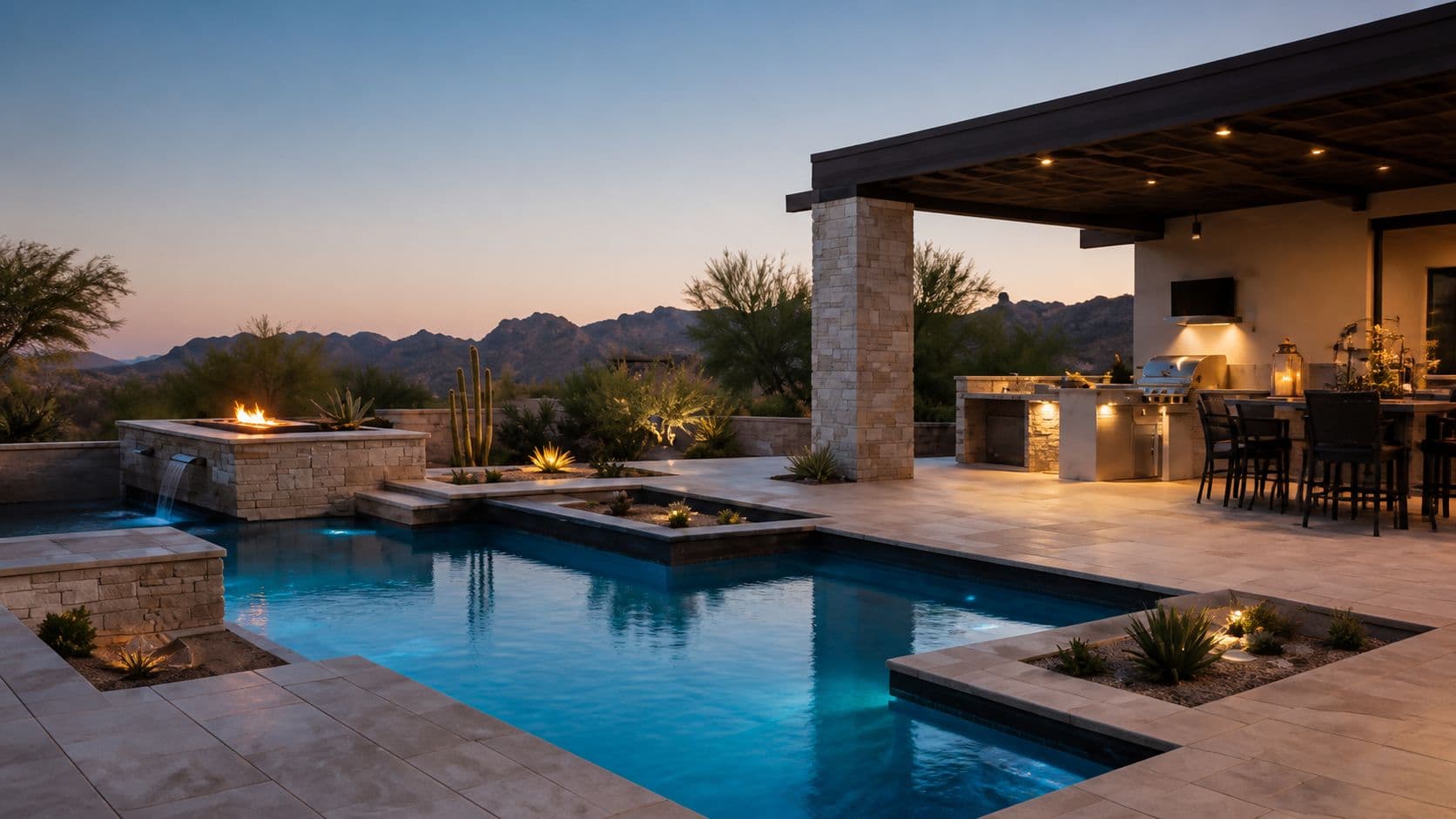 Custom Arizona pool at dusk with mountain views, a fire feature, desert landscaping, and a covered outdoor kitchen