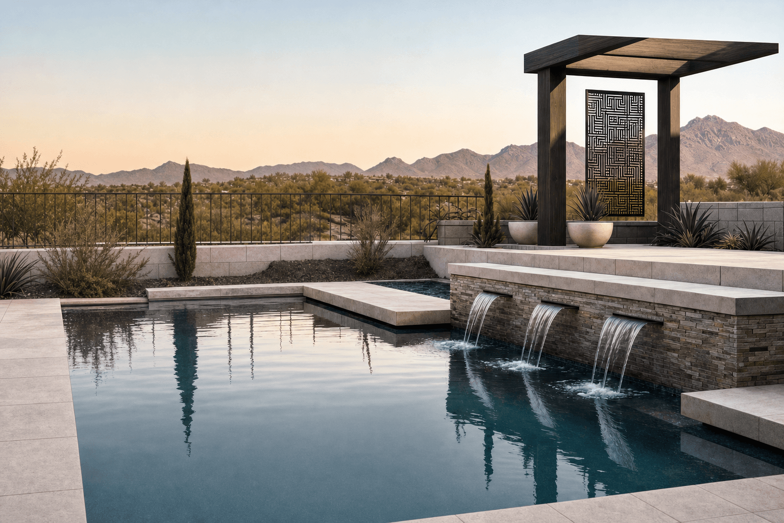 Bright Arizona pool with pergola, scuppers, and desert backyard context