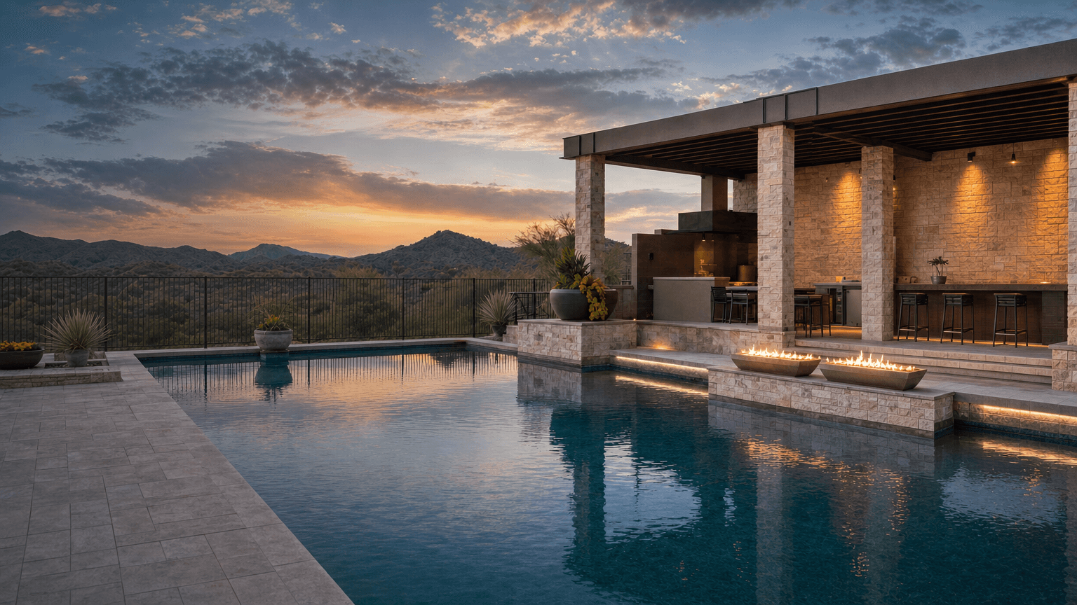 Pool and raised spa with a shaded outdoor kitchen facing Arizona desert mountains