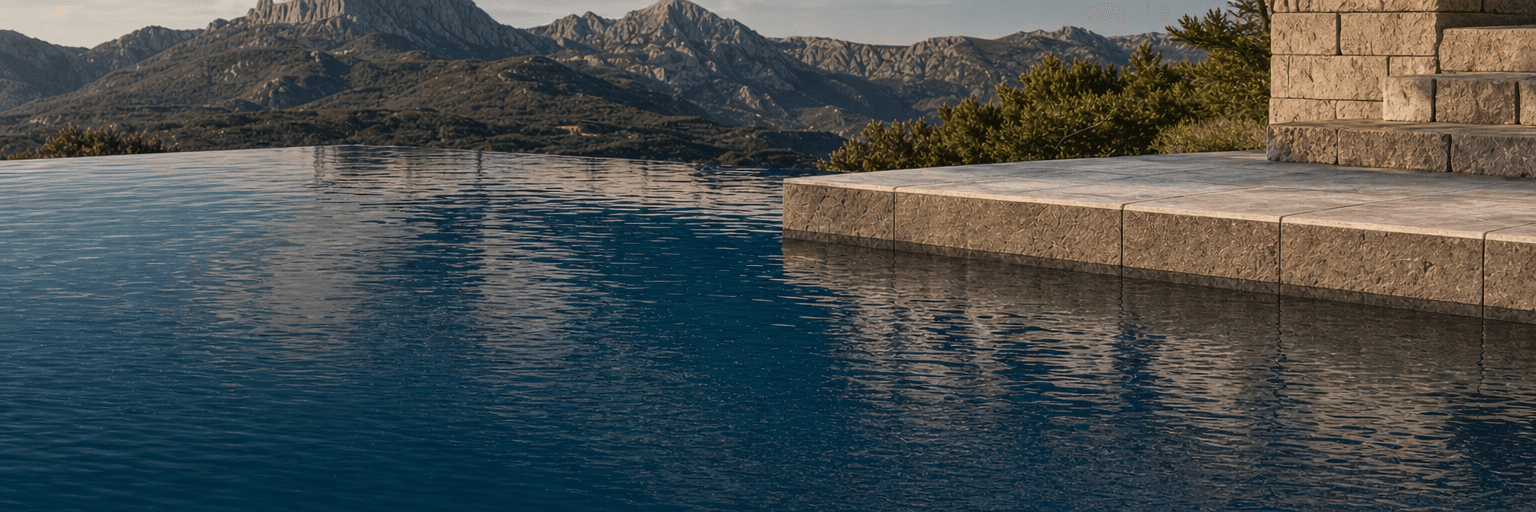 Dark pool water and coping creating an architectural backdrop