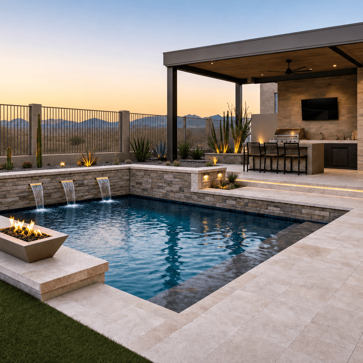 Backyard pool at sunset with three waterfall scuppers, a continuous stone wall, fire bowl, and covered outdoor kitchen