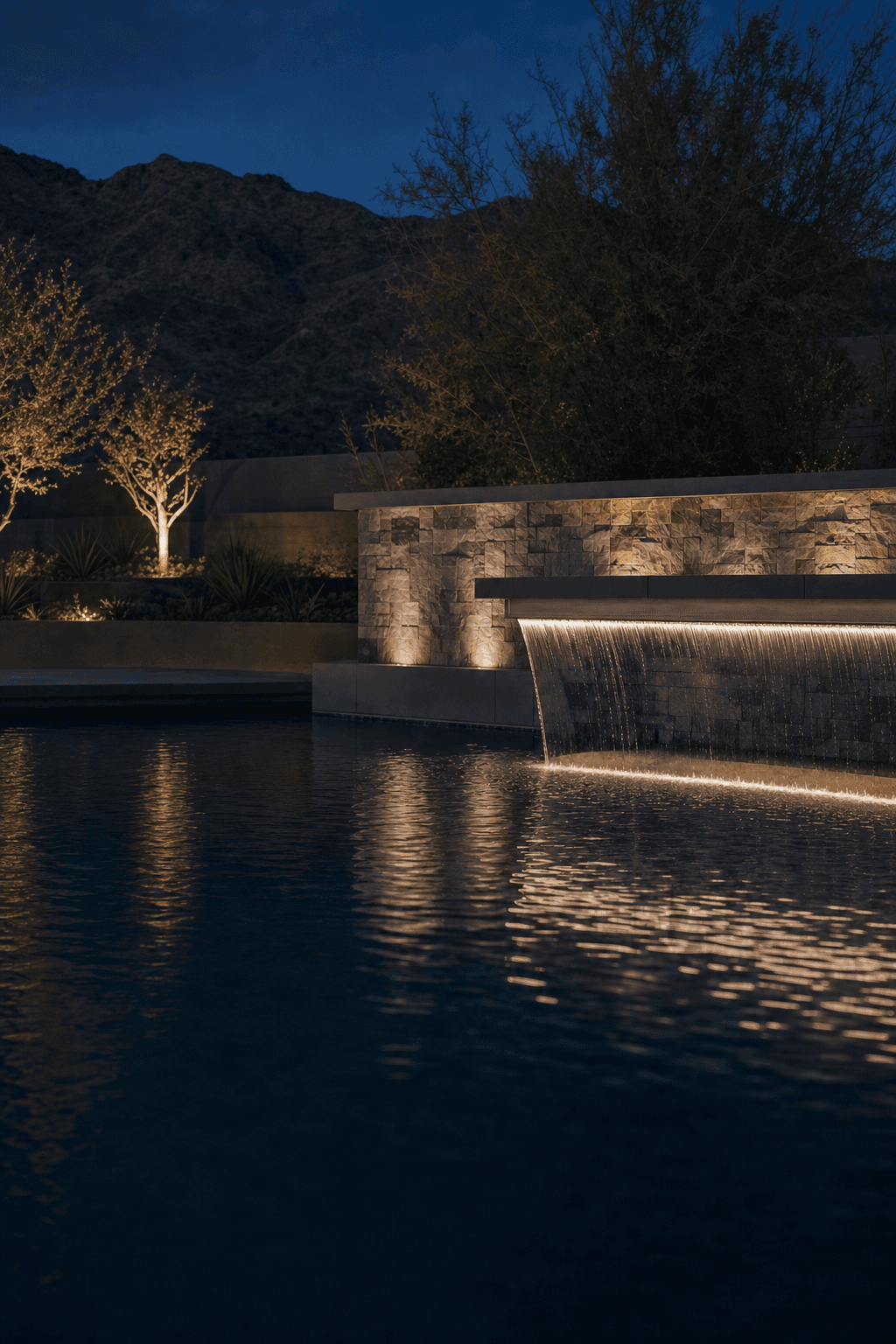Pool framed by an illuminated stone water wall and waterfall at night