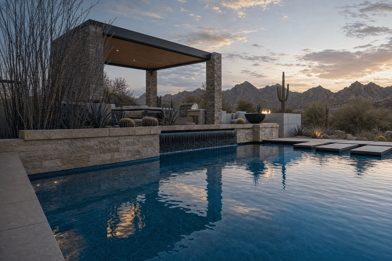 Geometric pool and raised spa at dusk with a lit fire feature and desert mountains beyond