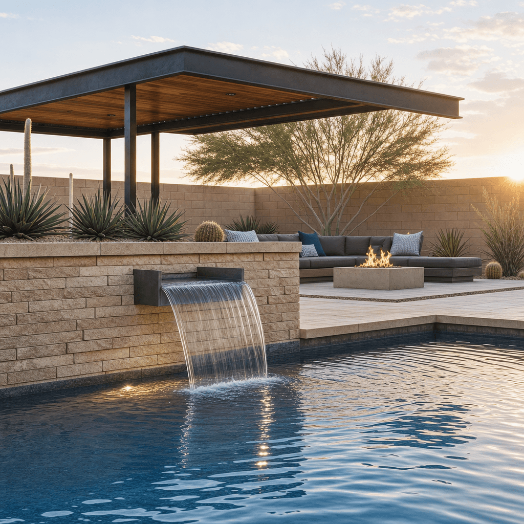 Sheer-descent water feature pouring from a stacked-stone surround into a pool