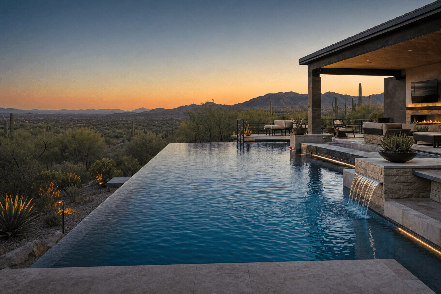 Pool beside a covered patio with an outdoor kitchen and dining seating