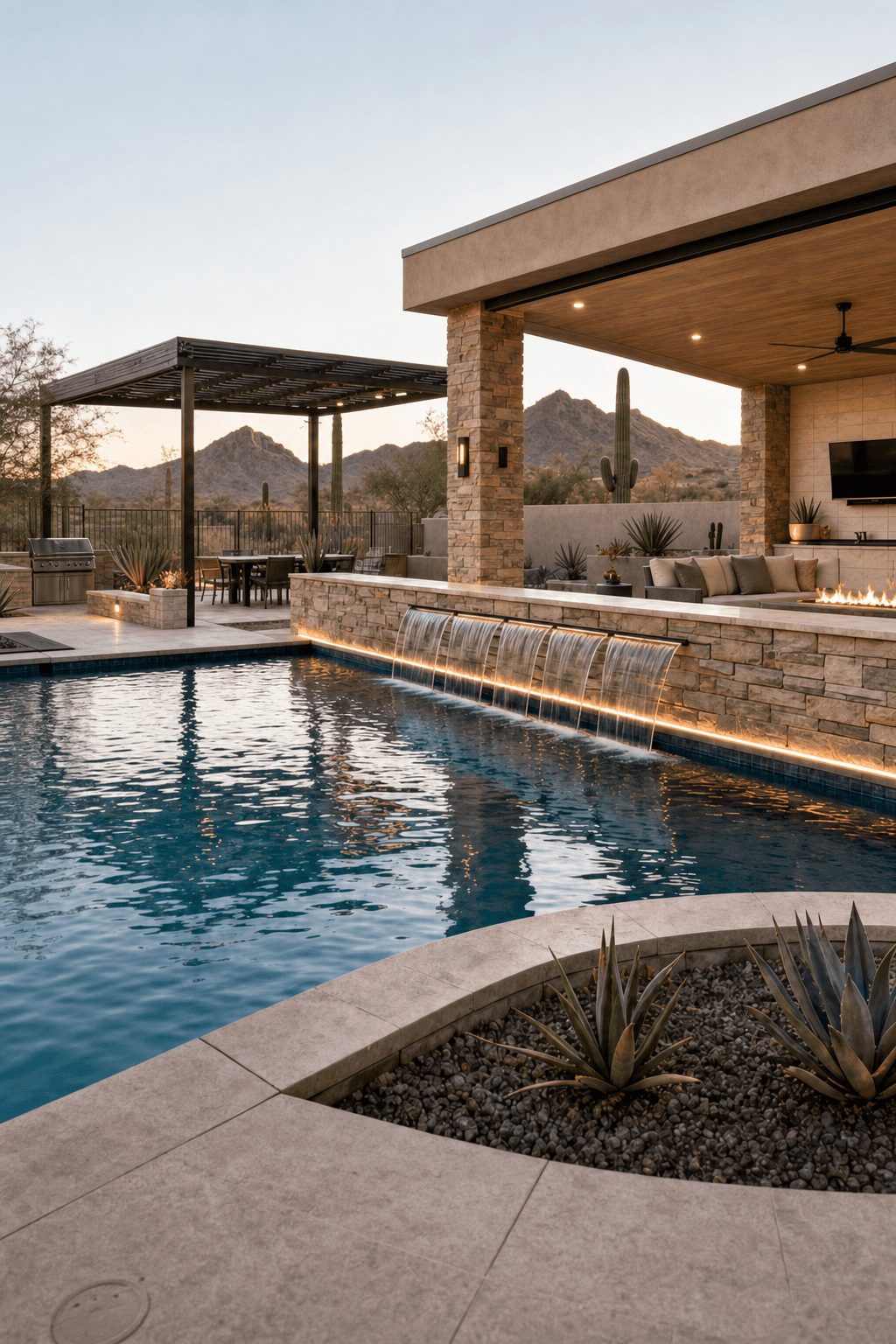 Completed pool and shaded patio scene representing Modern Pools service-area projects