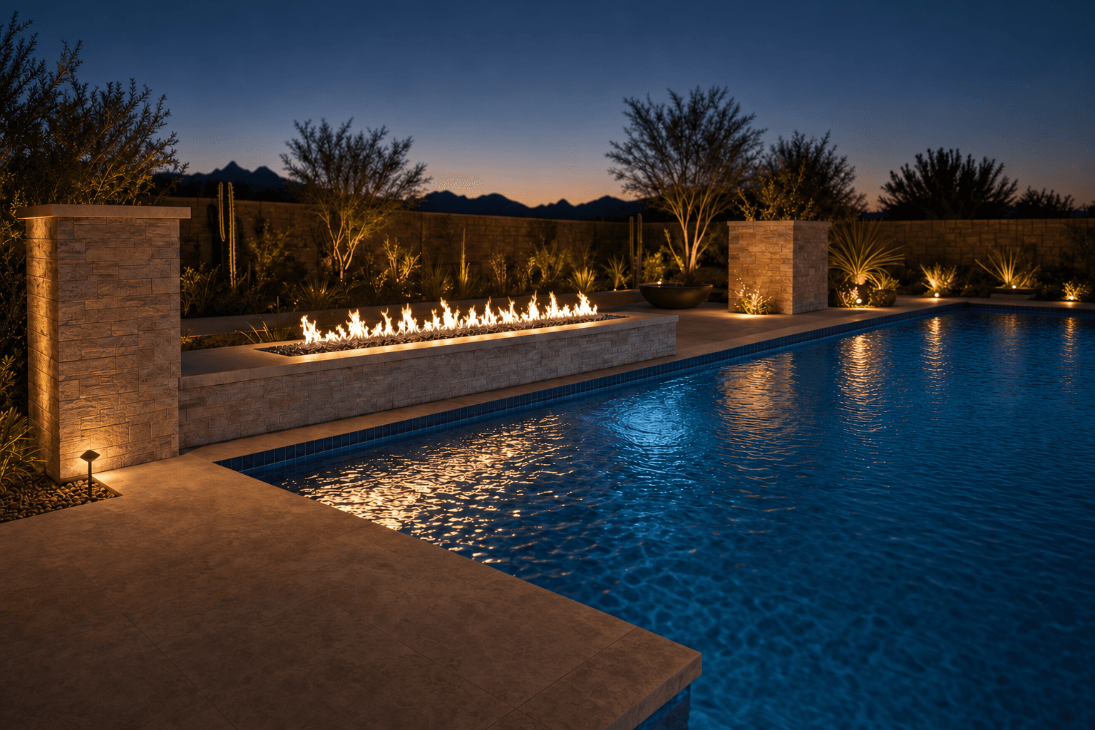 Long linear fire feature beside a pool at night
