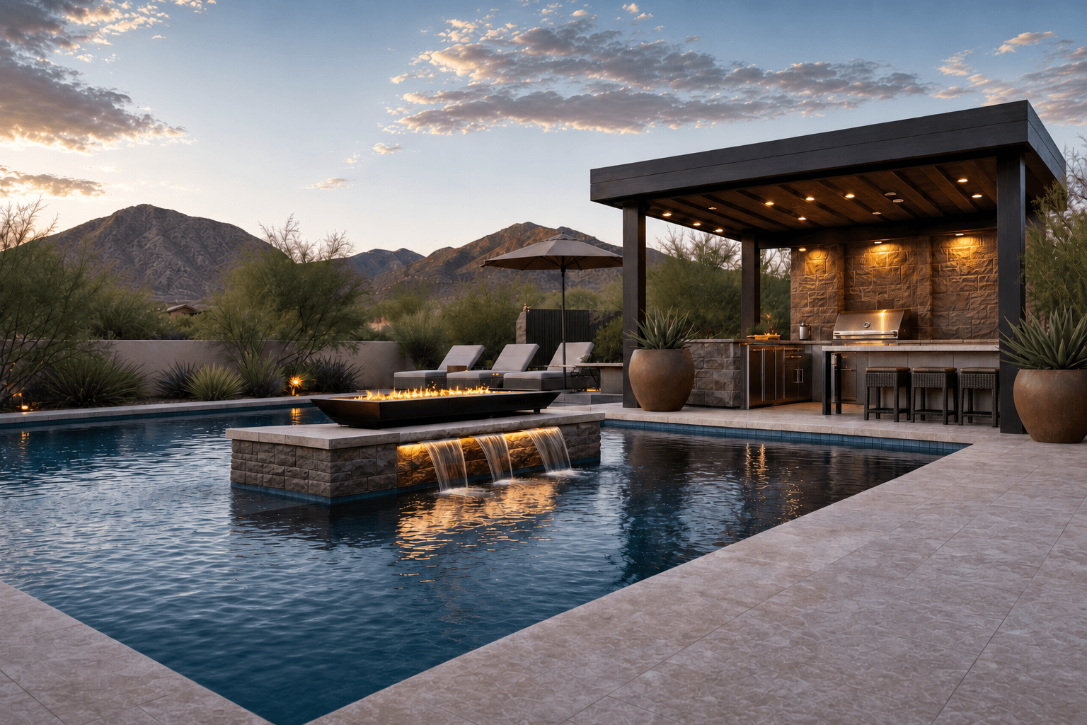 Integrated fire bowl, water feature, pool, and outdoor kitchen