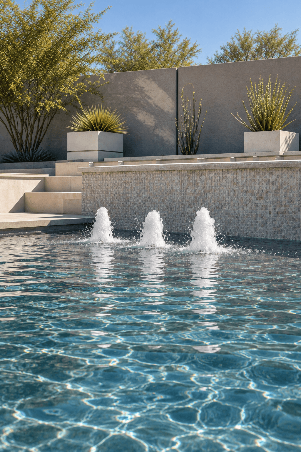 Three low pool bubblers rising from a shallow ledge