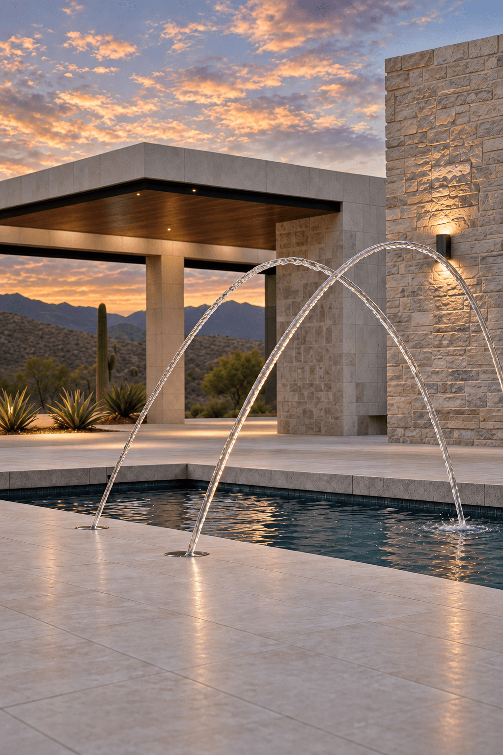 Two deck jets arcing into a pool