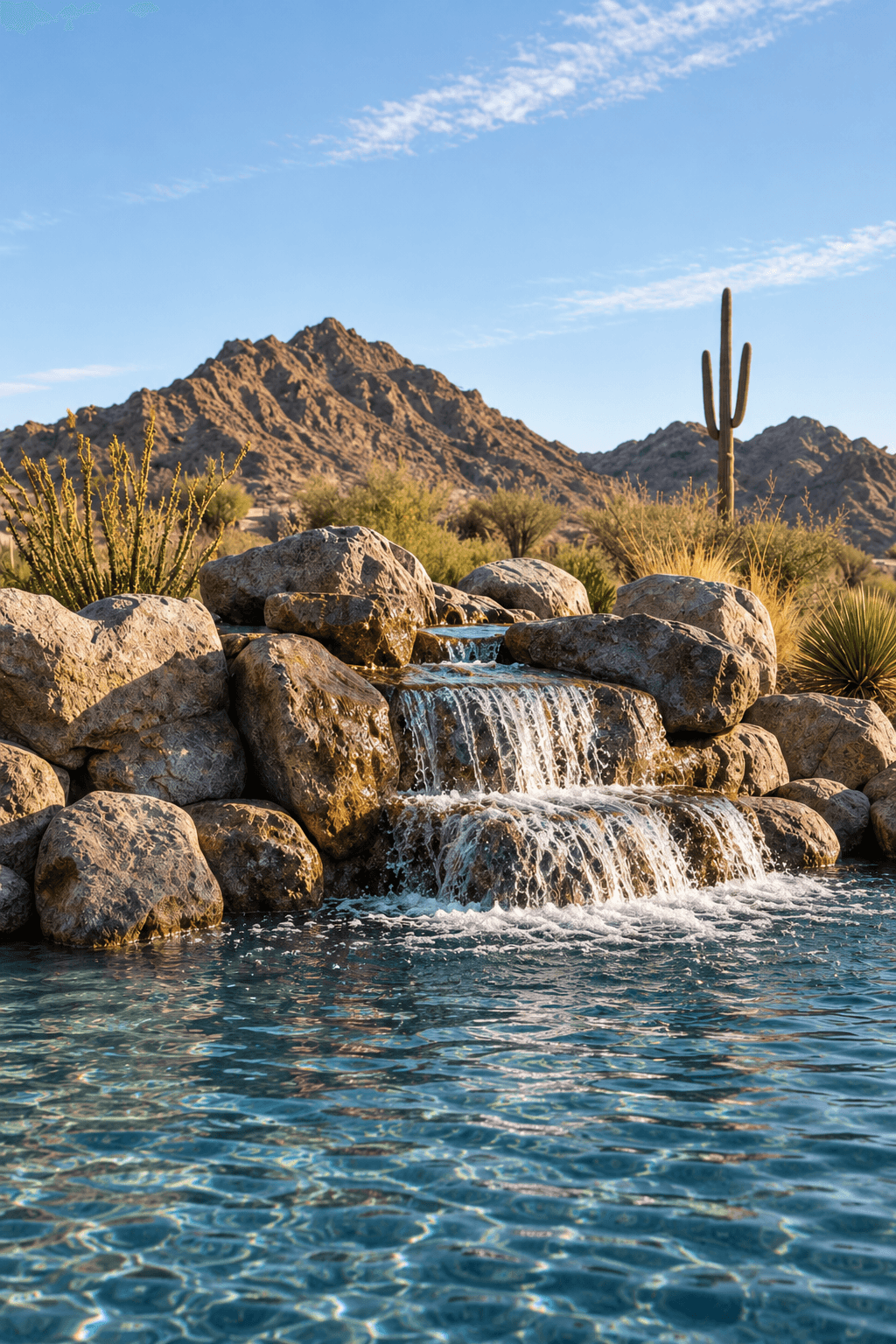 Water cascading over natural boulders into a pool