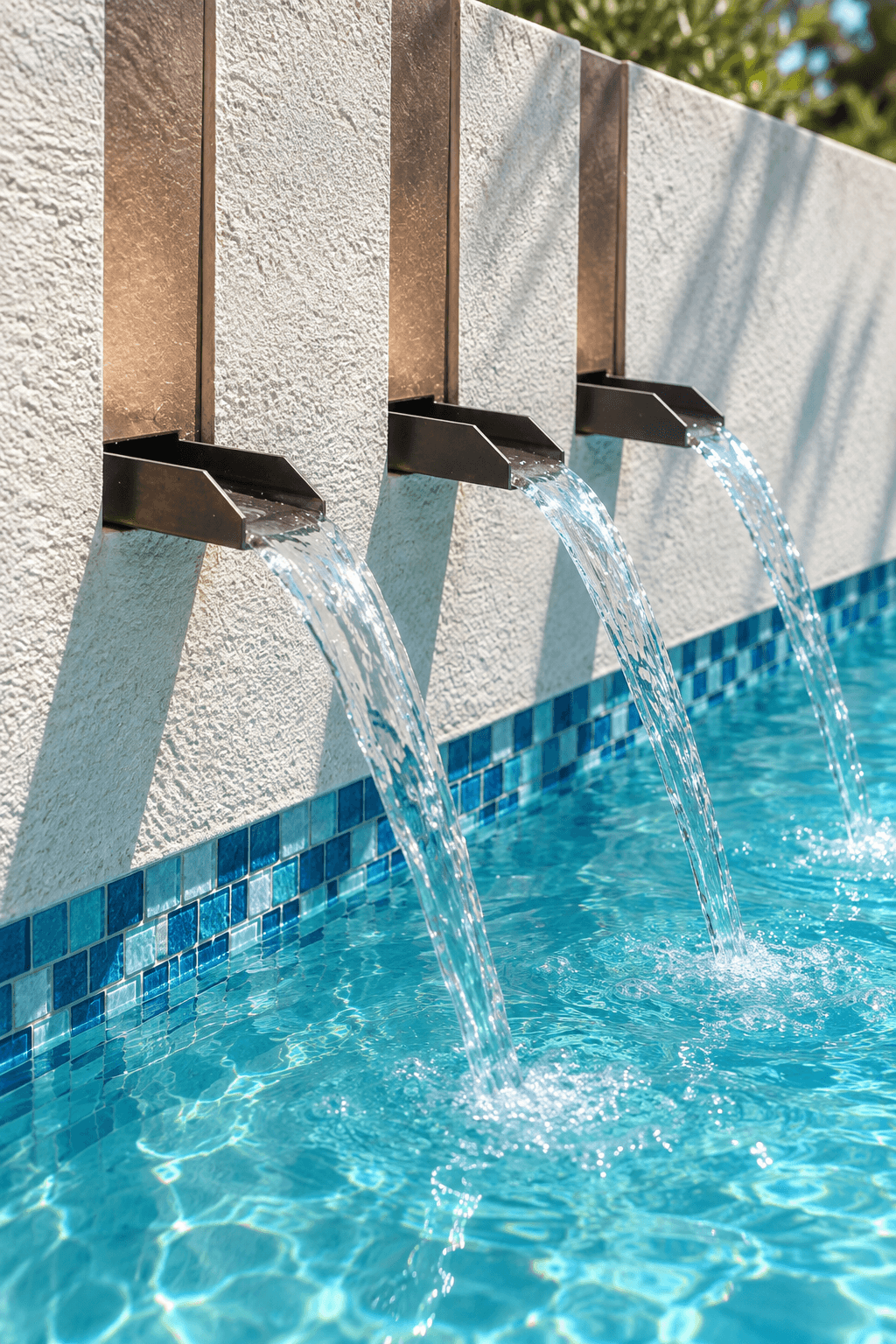 Three small bronze scuppers pouring from a raised wall into blue pool water