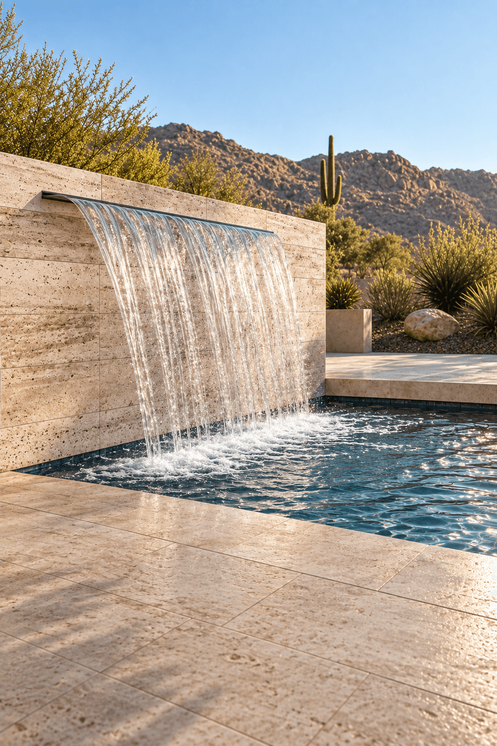 A sheer curtain of water projecting from a raised pool wall