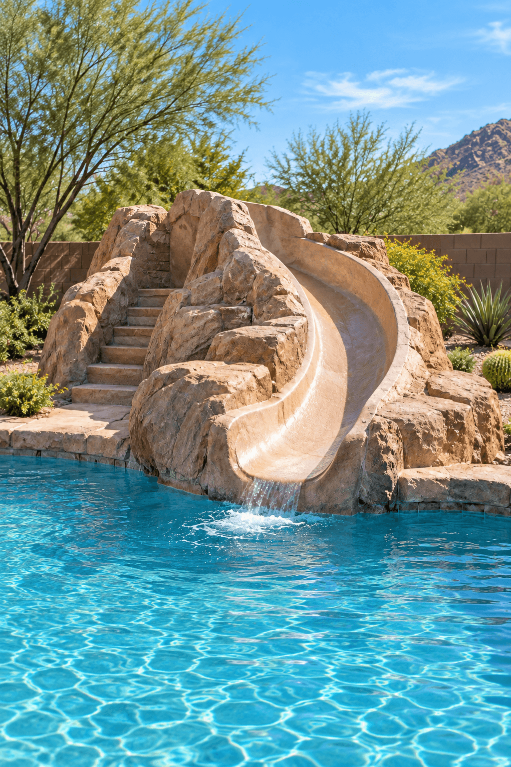 Illustrative concrete rock-style slide with a smooth curved chute into a pool