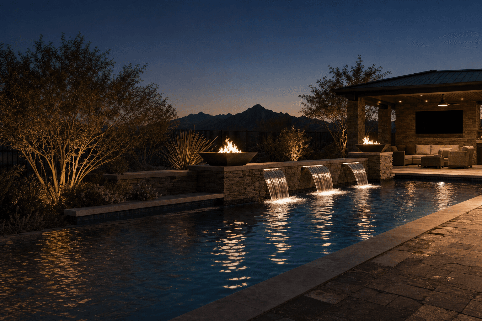 Night pool with fire bowls and sheer descent water features