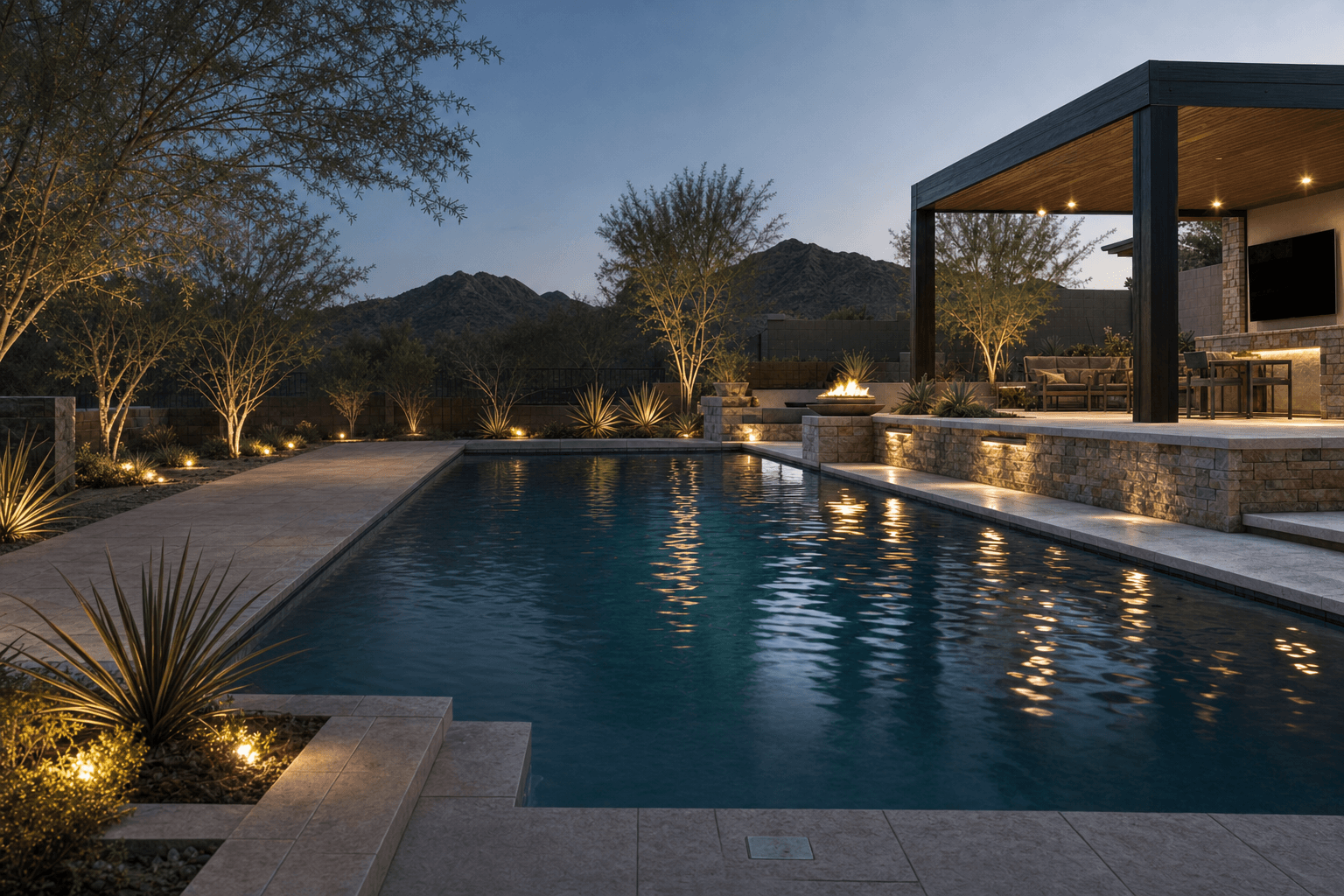Pool, pavilion, fire feature, and desert landscape in a complete Arizona backyard
