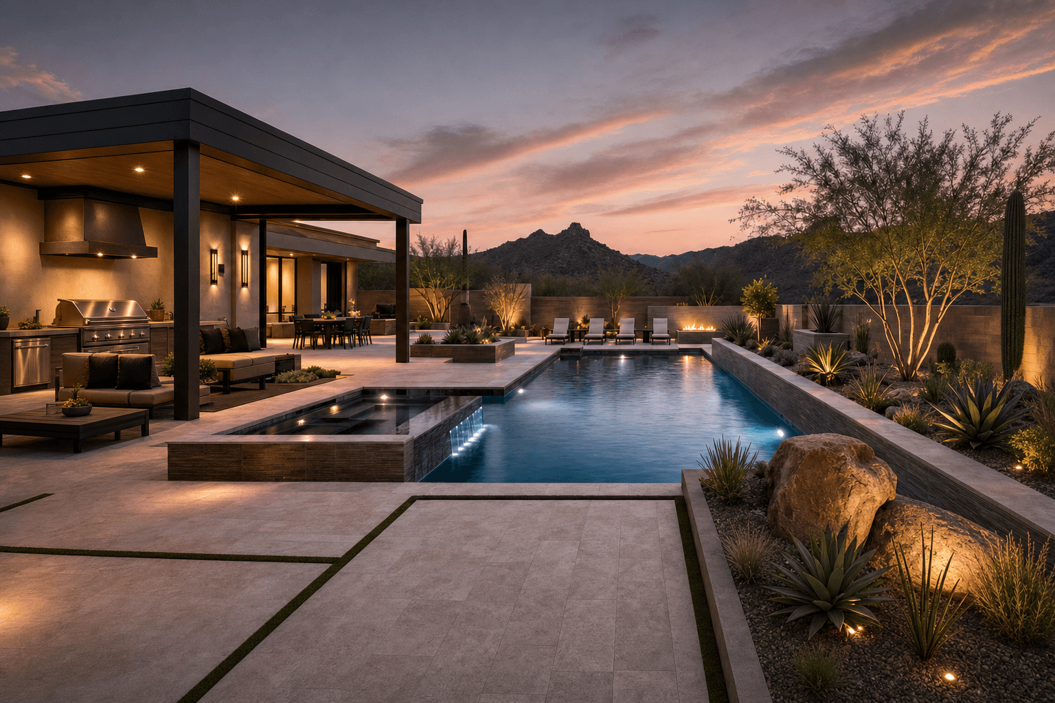 Integrated pool yard with spa, fire, desert planting, and covered outdoor kitchen