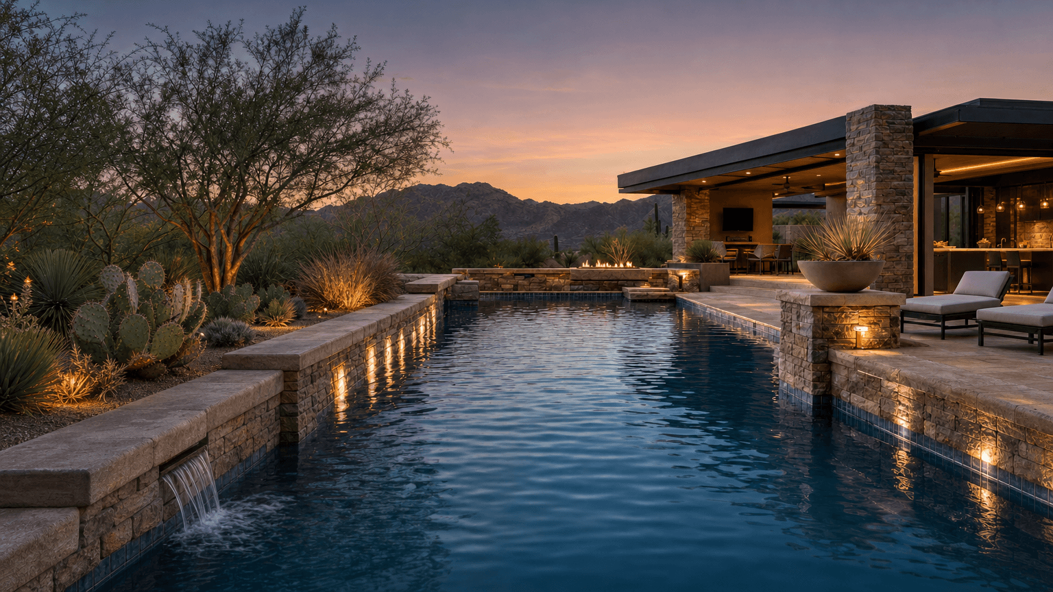 Custom geometric pool and spa designed around a complete outdoor-living environment