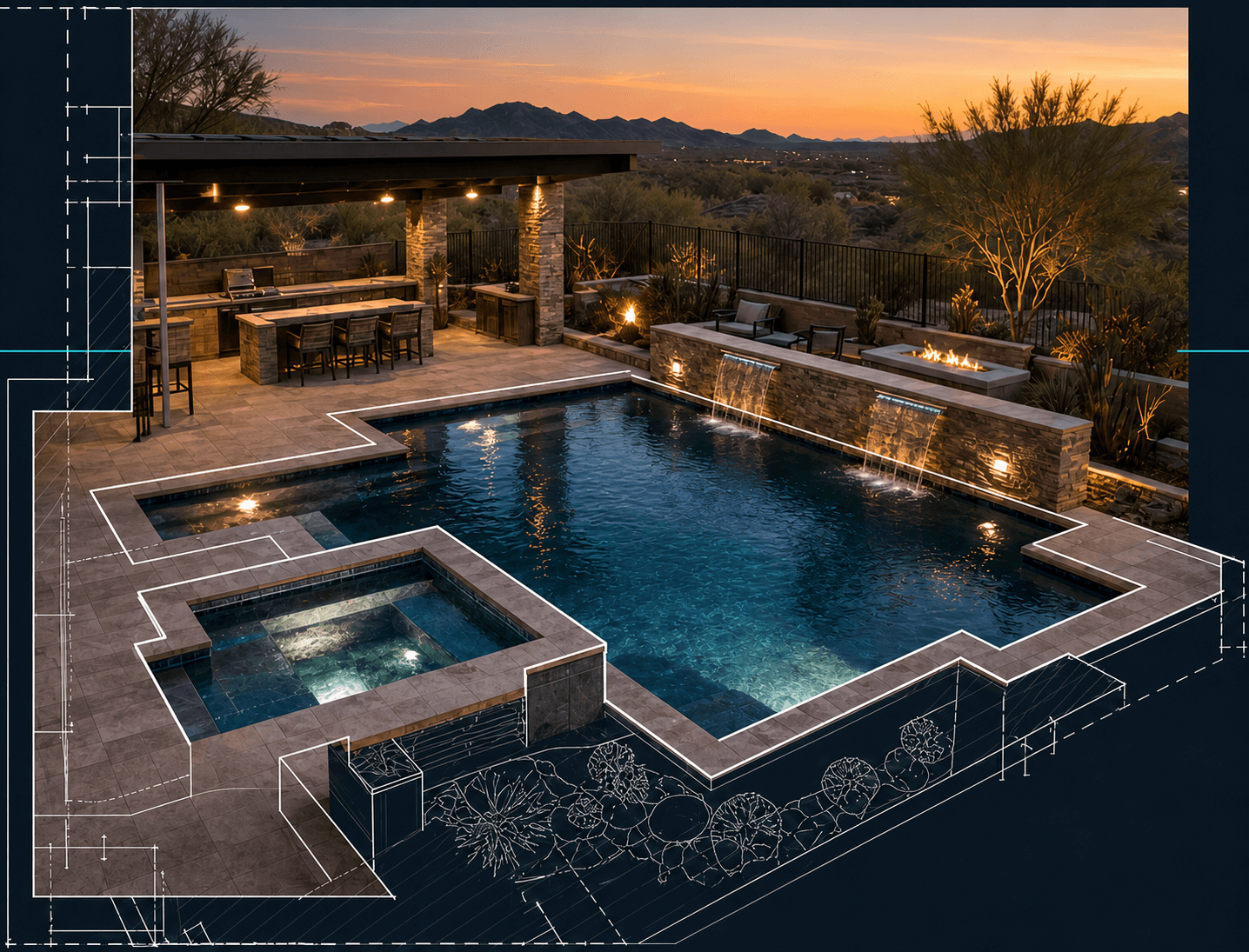 Geometric pool and spa shaped around a complete Arizona yard