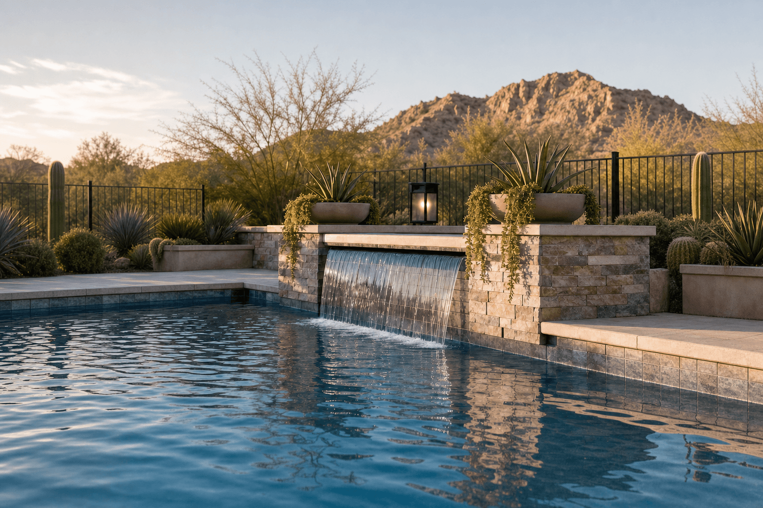 Stone water feature and pool in a completed remodel