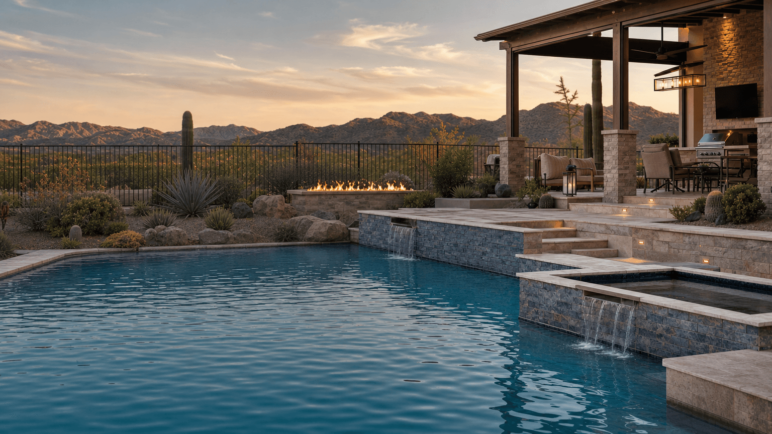 Remodeled pool with renewed finishes, tile, coping, water features, spa, and equipment