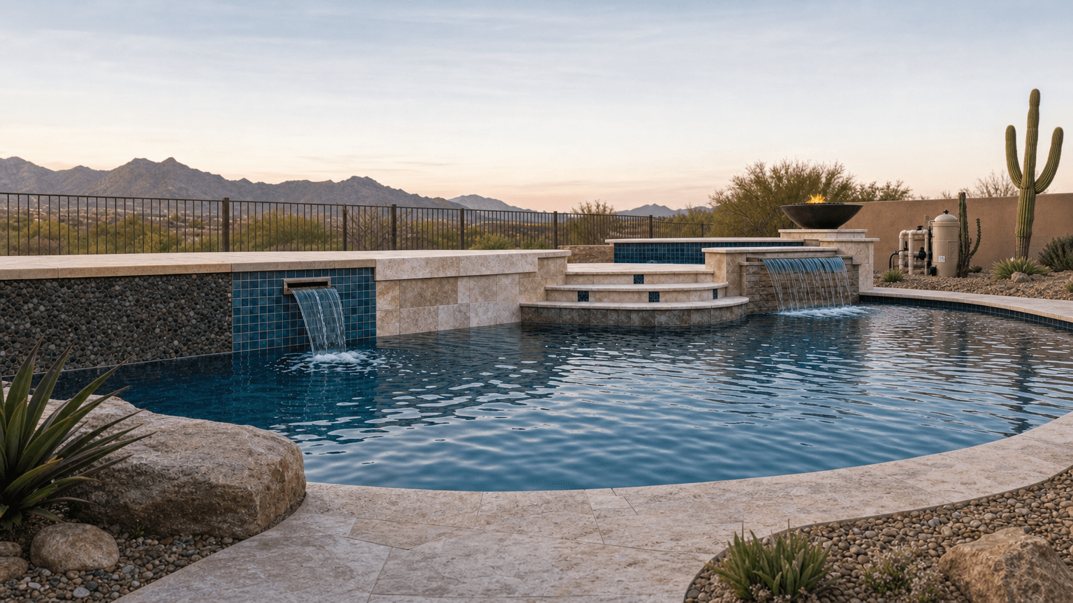 Pool panorama annotated with remodelable finishes, edges, features, and systems