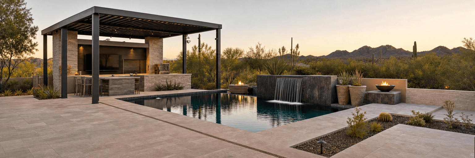 Coordinated pool, pavilion, landscape, fire, and water environment