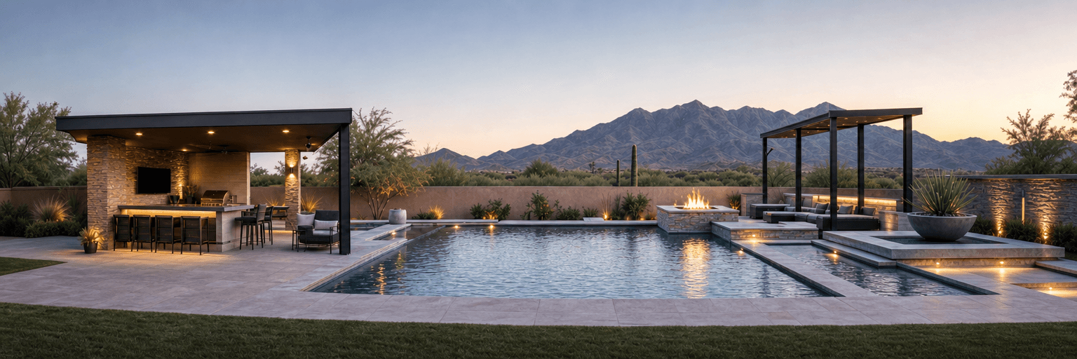 Finished pool, pavilion, fire, and mountain environment