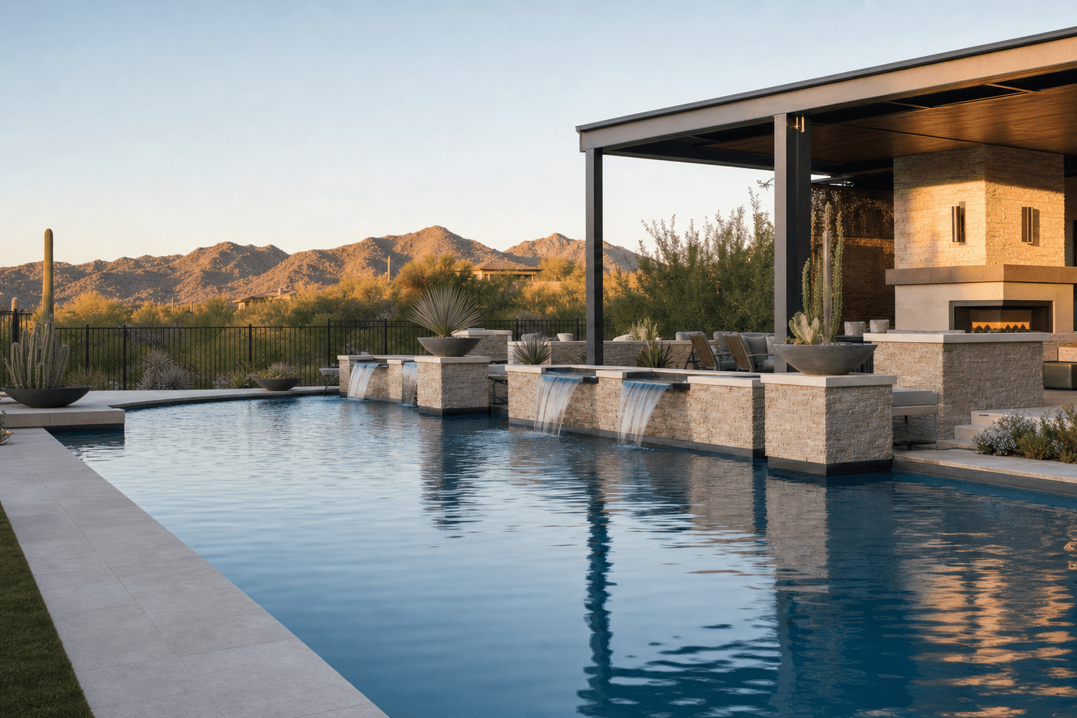 Pool and connected outdoor living environment in an Arizona backyard