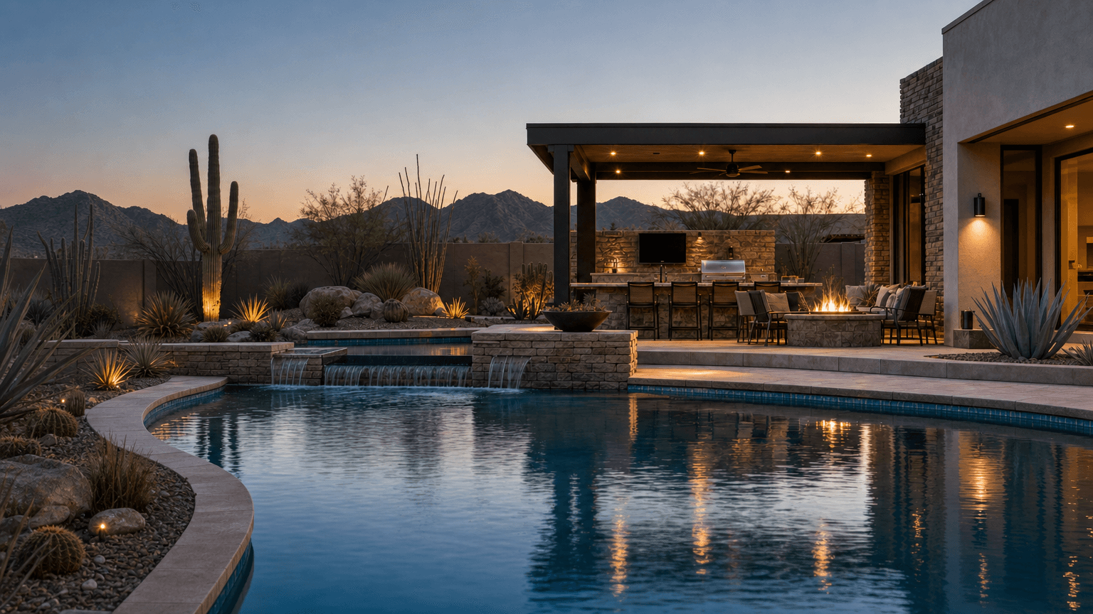 Geometric pool with a waterfall, covered lounge, outdoor kitchen, and desert mountains