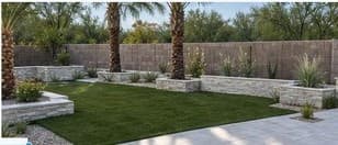 Travertine hardscape deck with fire pit beside a modern Arizona pool