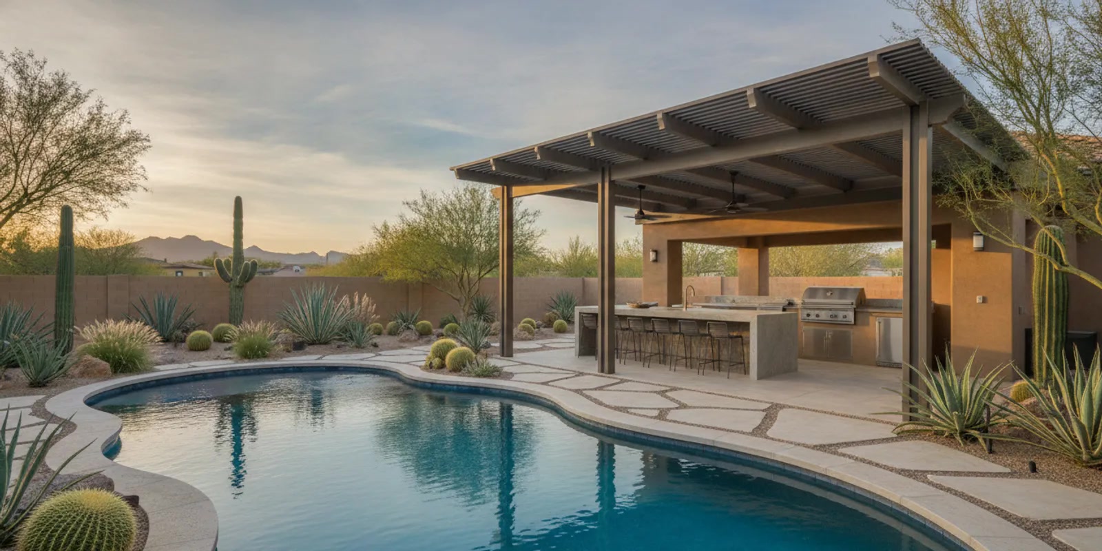 Phoenix backyard with a pool, shaded patio, and outdoor kitchen
