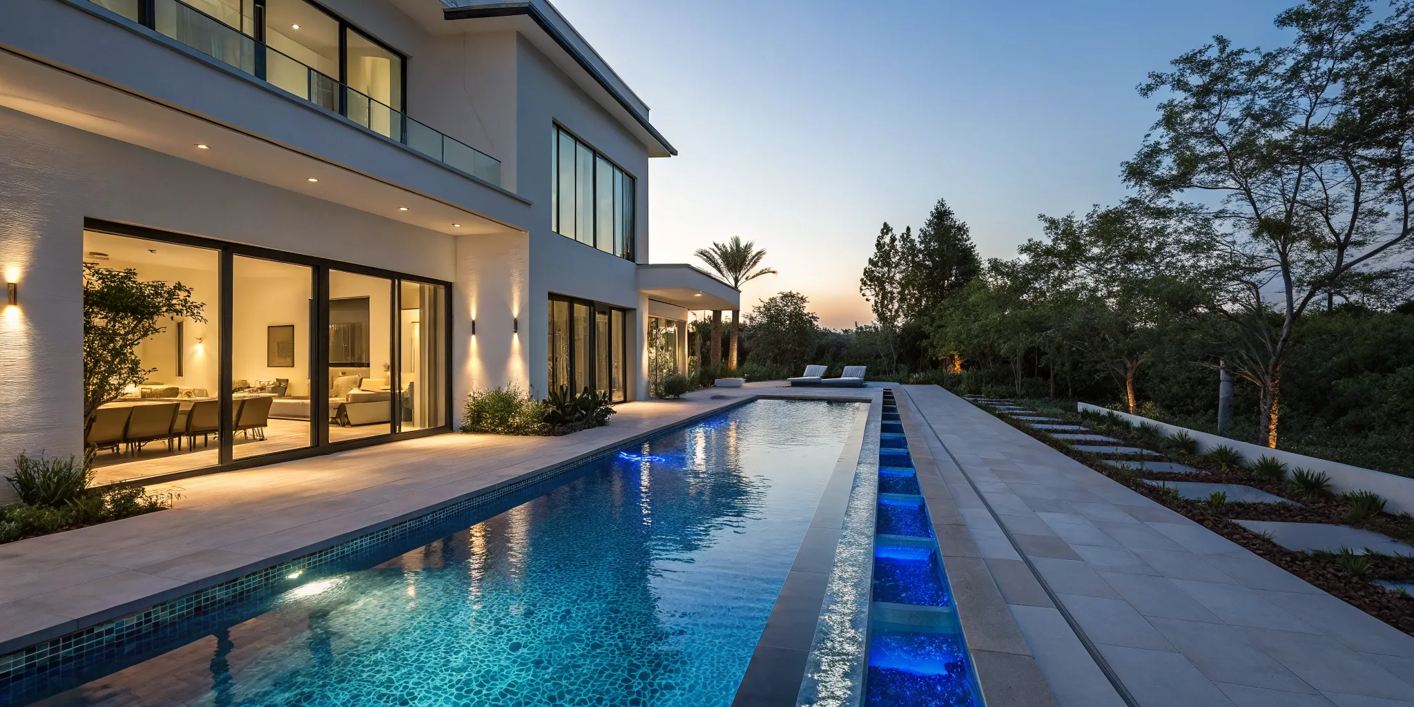 Luxury pool renovation ideas for a modern backyard with new decking, LED lighting, and landscaping.