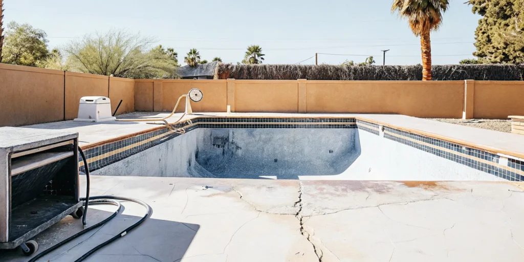 Arizona residential swimming pool with signs of aging including cracked plaster and faded finish in a Phoenix backyard