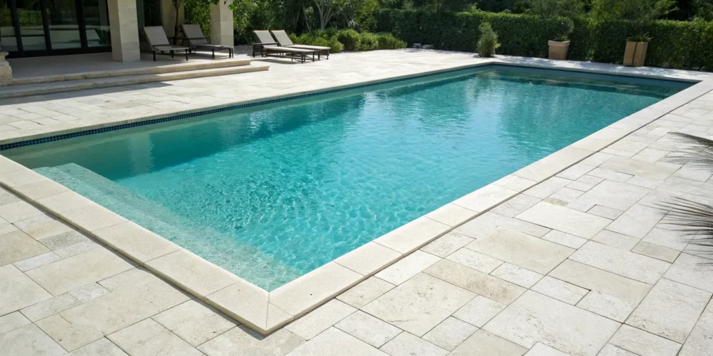 A modern pool deck with a light-colored surface, one of the best options for pool deck resurfacing.