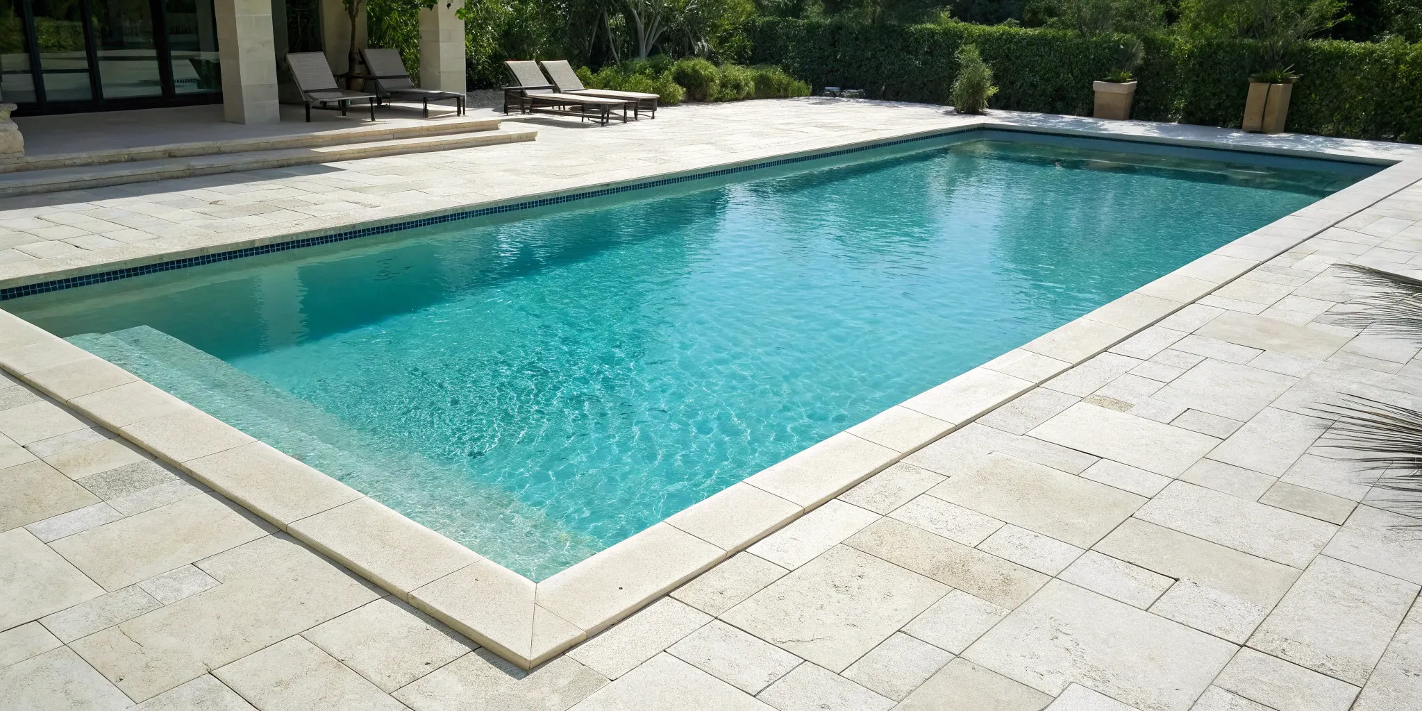 A modern pool deck with a light-colored surface, one of the best options for pool deck resurfacing.