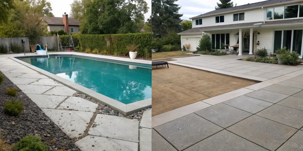 A before and after view of a pool resurfacing, a major factor in the cost to resurface a pool.