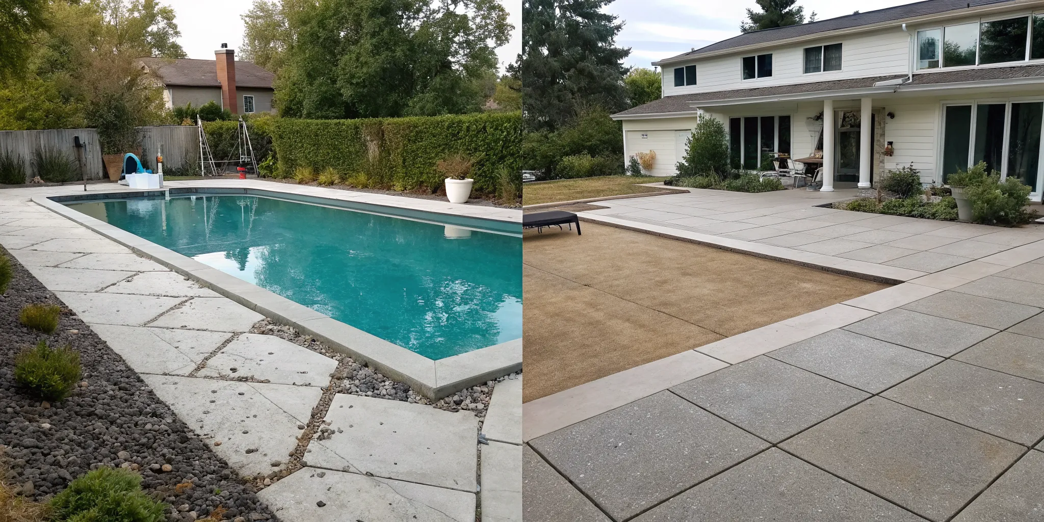 A before and after view of a pool resurfacing, a major factor in the cost to resurface a pool.