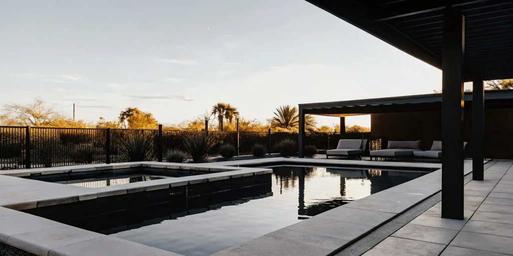 Luxury custom swimming pool with spa, travertine decking, and desert landscaping in a Phoenix Arizona backyard